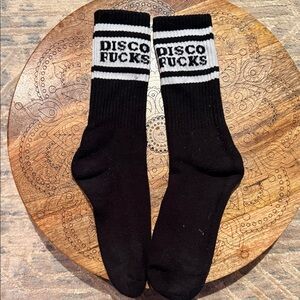 Disco Fucks Black Crew Athletic Socks with White Stripes